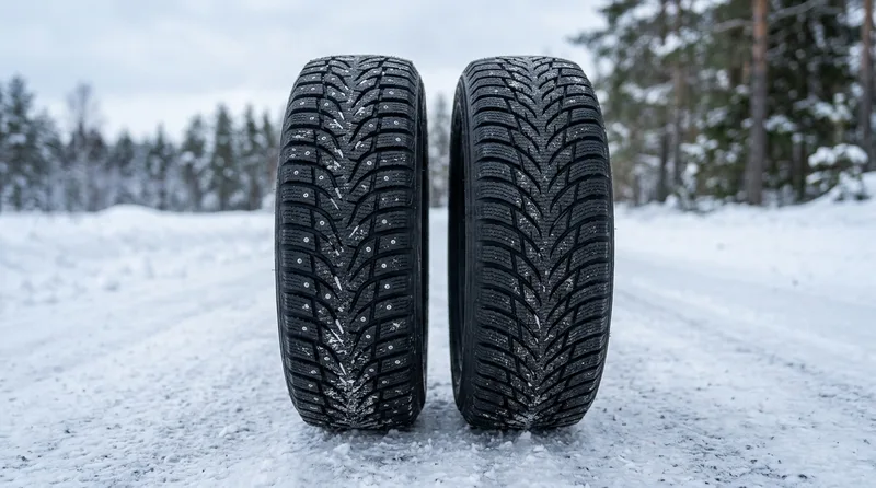 Dubbdäck och friktionsdäck sida vid sida på snö