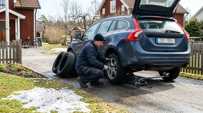 Däckbyte till sommardäck på uppfarten en vårdag